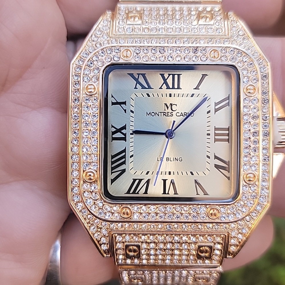 BEW Montres Carlo 45mm Pave Crystal Chunky Quartz Watch Gold Tone Iced Out Bling
